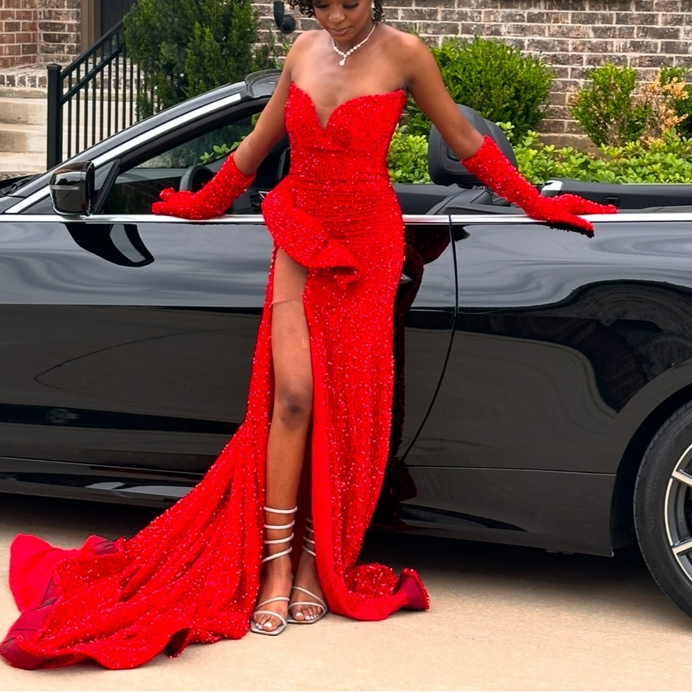 Red Velvet Sequin Corset Strapless Sleeveless High Slit Floor Length Prom Gown